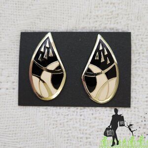 BFD Black Silver and White Enamel Vintage Earrings